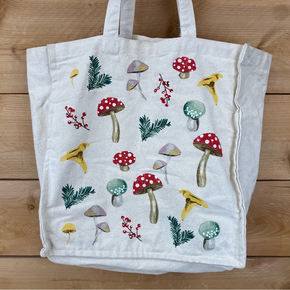 Canvas Mushroom Tote Bag Cotton Tote- Red & Green Mushroom Print